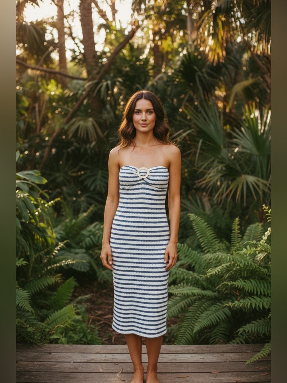 Abby Starr Navy & White Stripe Strapless Midi Dress with Decorative Ring. NWT
